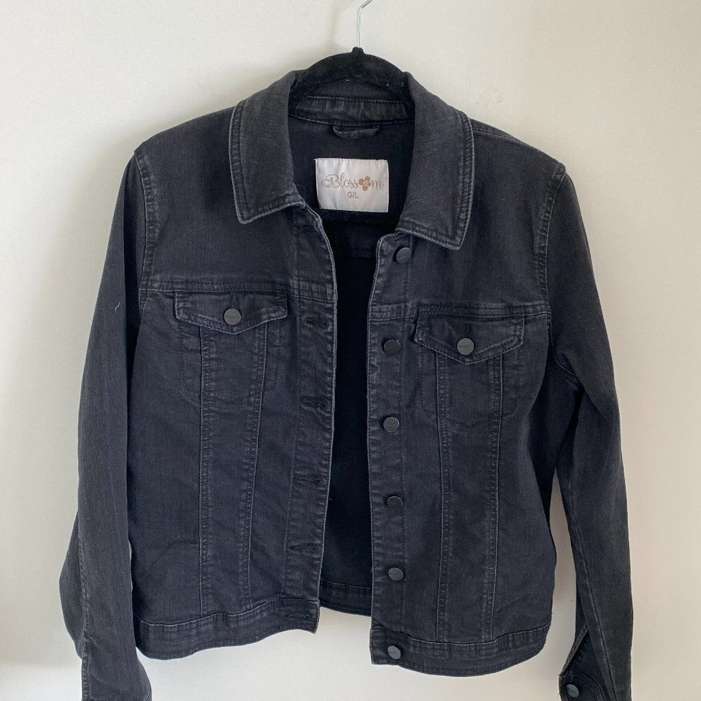 Distressed Vintage BLOSSOM Button Down Women Denim Jacket Black Classic Fit Sz L